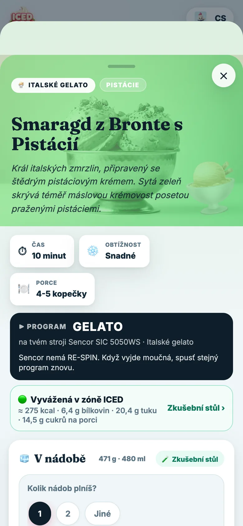 Recept v aplikaci ICED° s gramy a správným programem