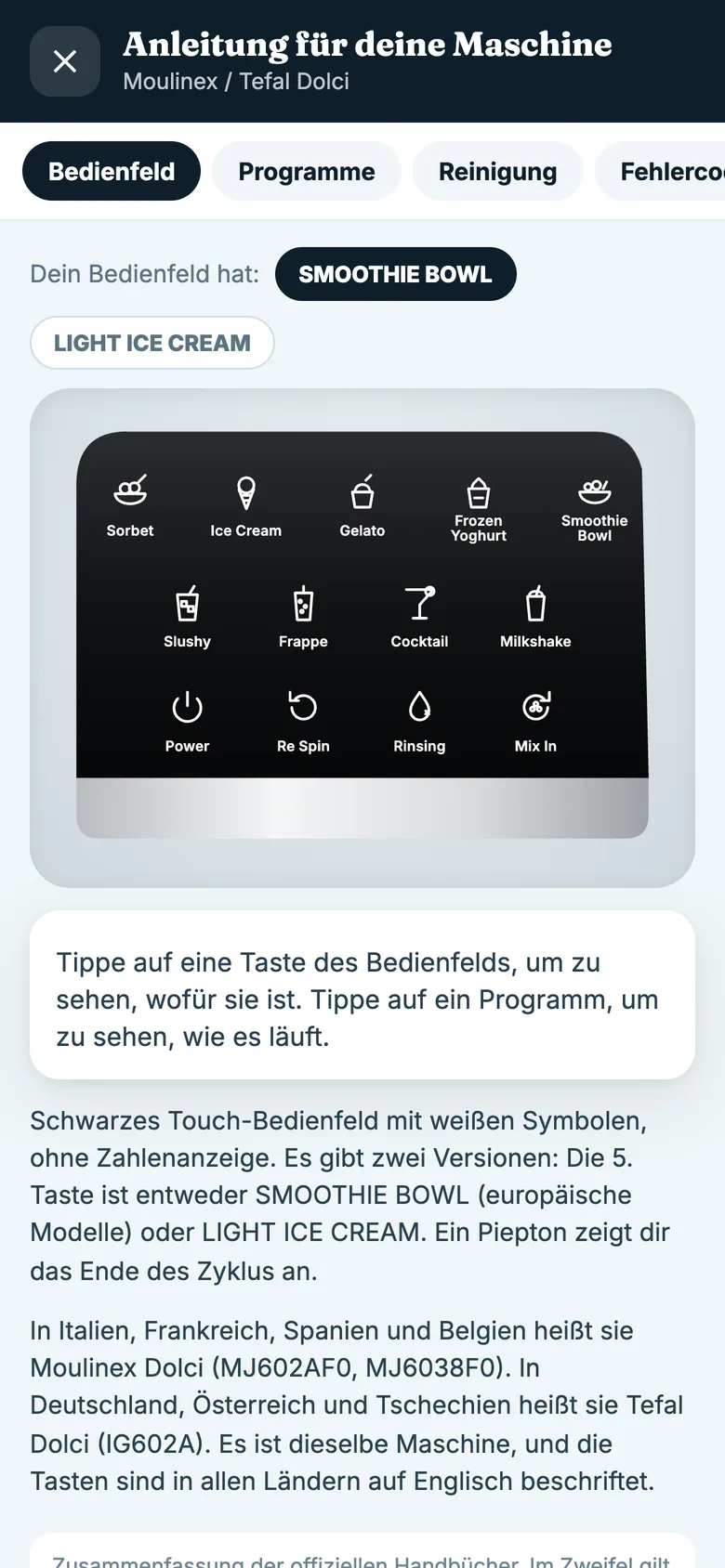 App-Screenshot: Die Anleitung deiner Maschine