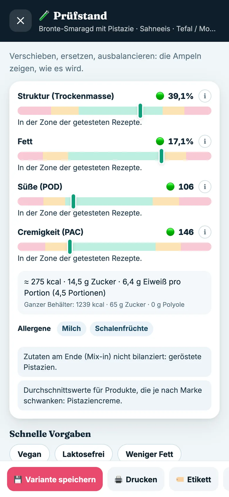 Prüfstand in der ICED METHOD APP mit der Ampel für ein Sorbet-Rezept