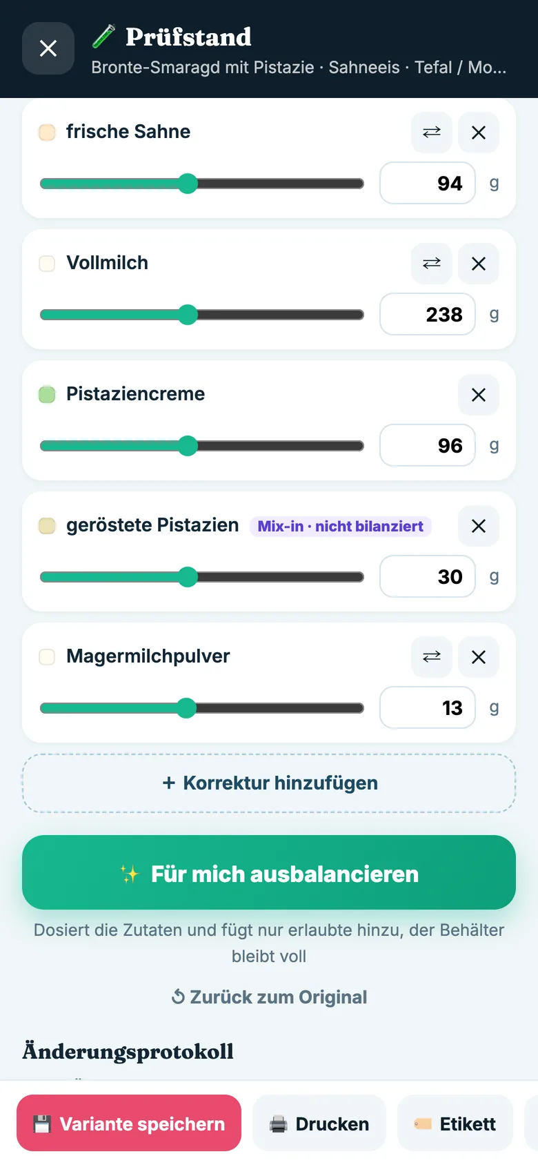 Prüfstand in der ICED METHOD APP mit der Ampel für ein Sorbet-Rezept