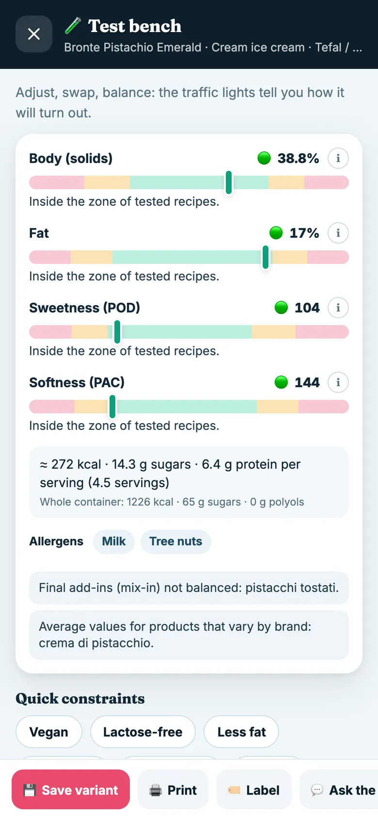 ICED METHOD APP screen showing the balancing traffic light for a sorbet recipe