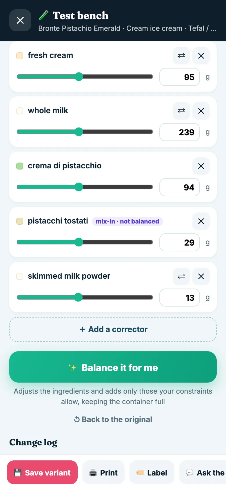 ICED METHOD APP screen showing the balancing traffic light for a sorbet recipe