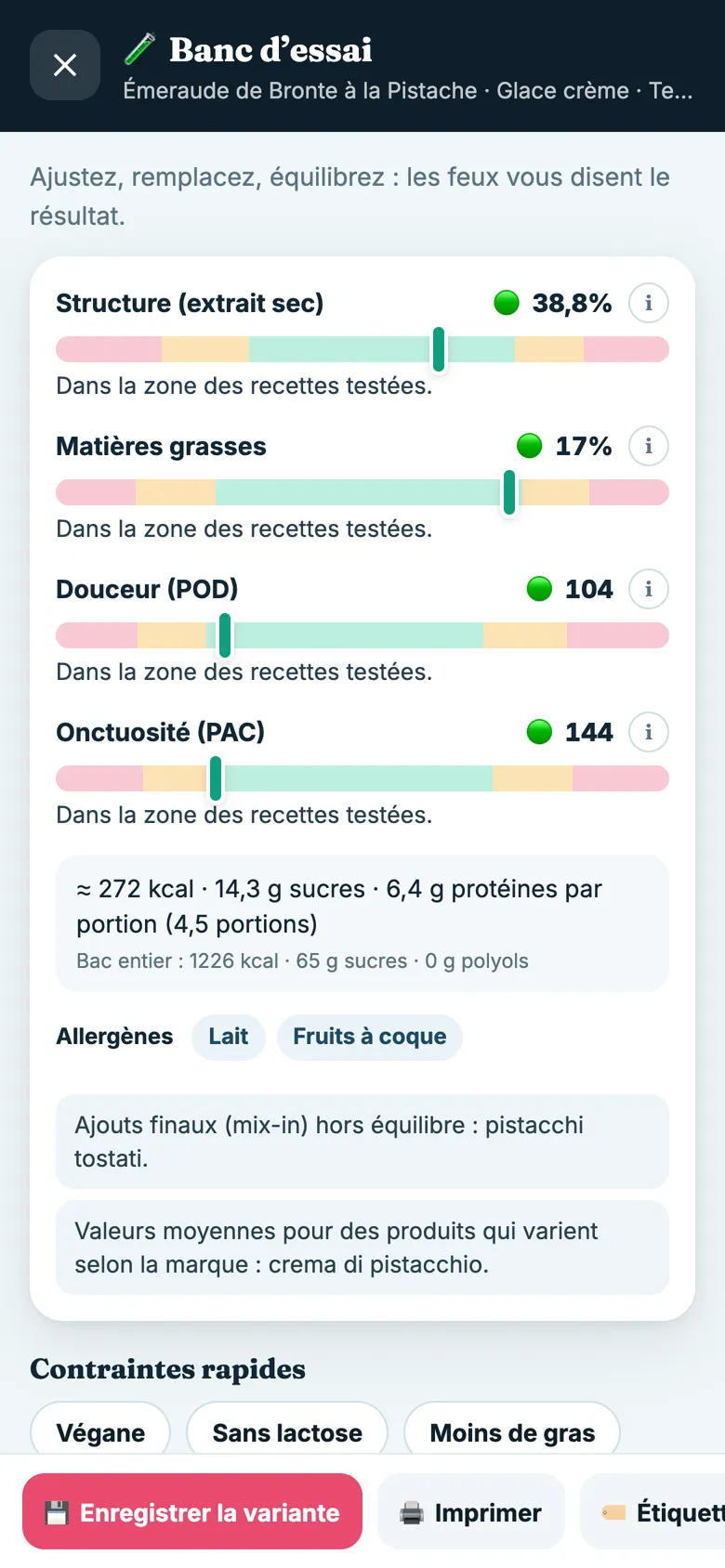 Écran de l'ICED METHOD APP avec le feu tricolore d'équilibrage d'une recette de sorbet