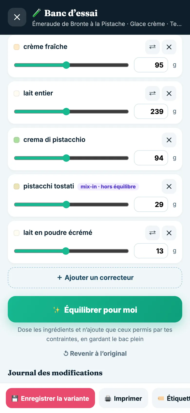 Écran de l'ICED METHOD APP avec le feu tricolore d'équilibrage d'une recette de sorbet