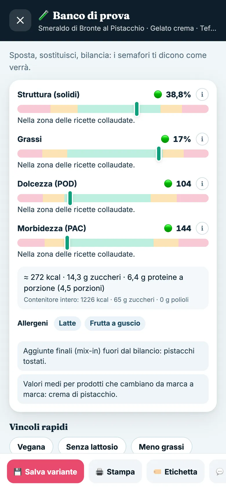 Schermata dell'app ICED METHOD con il semaforo di bilanciamento di una ricetta di sorbetto
