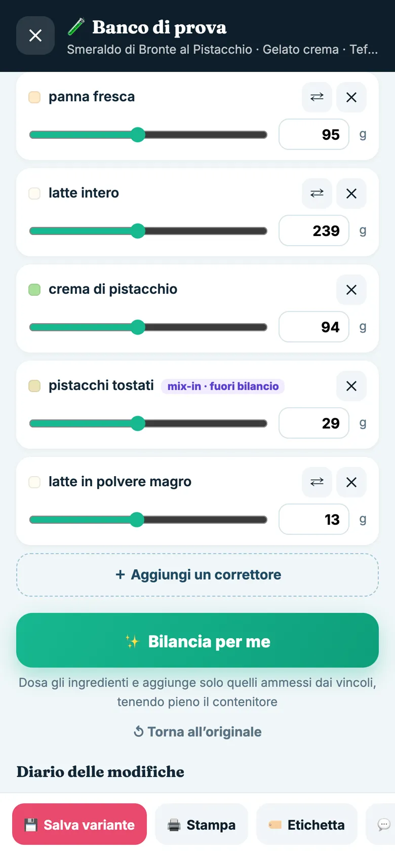 Schermata dell'app ICED METHOD con il semaforo di bilanciamento di una ricetta di sorbetto