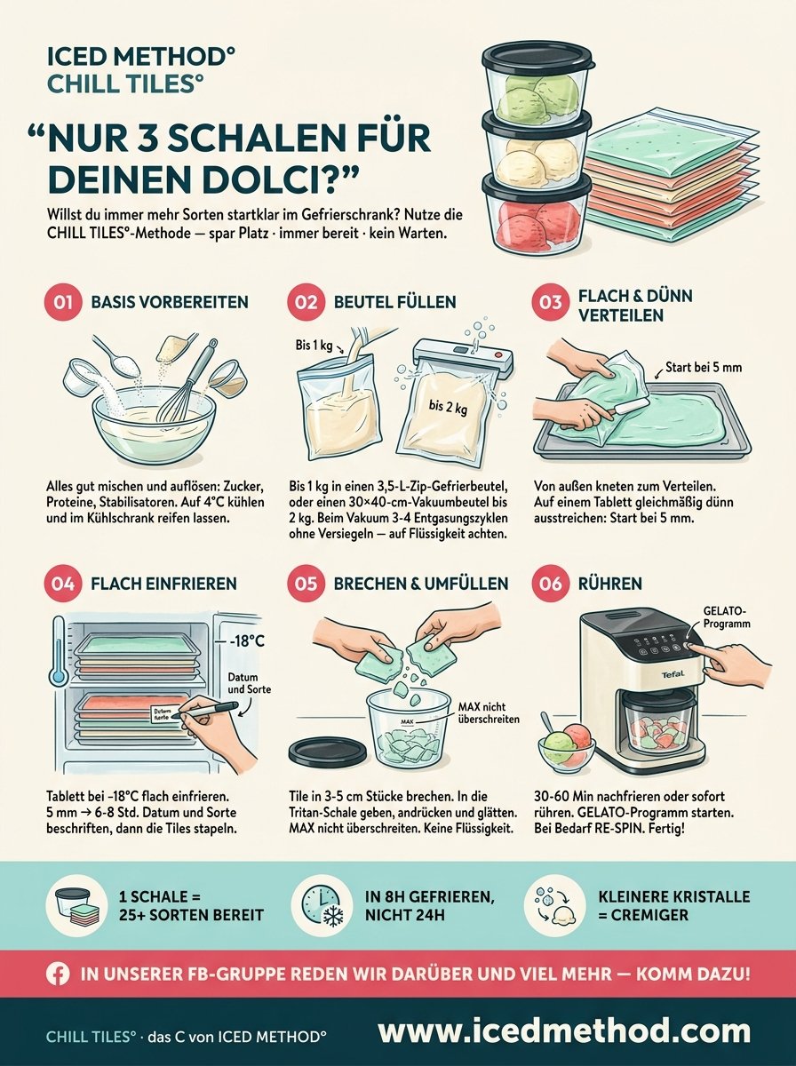 CHILL TILES DE — ICED°-Methode für Moulinex Dolci, Tefal Dolci, Ninja Creami: 6-Schritte-Illustration
