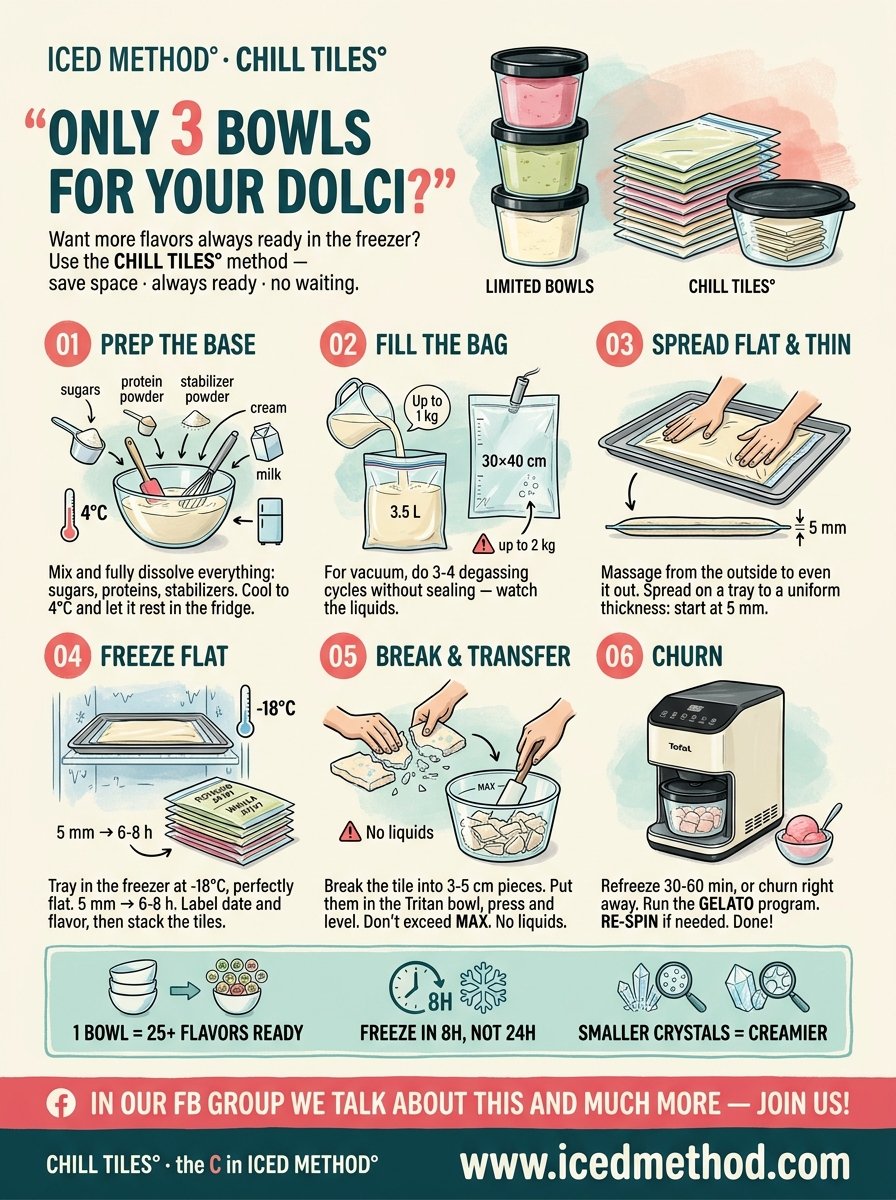 CHILL TILES EN — ICED° method for Moulinex Dolci, Tefal Dolci, Ninja Creami: 6 step illustrated card