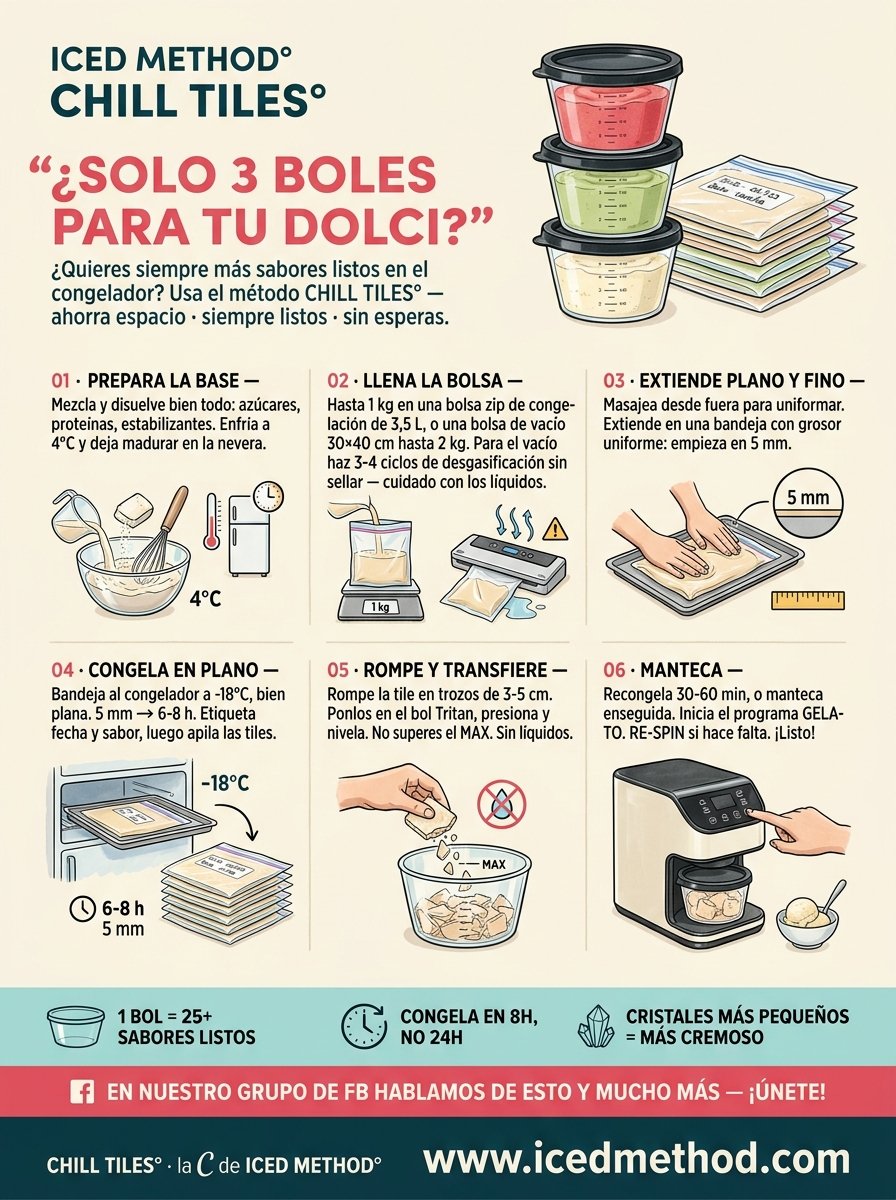 CHILL TILES ES — método ICED° para Moulinex Dolci, Tefal Dolci, Ninja Creami: 6 pasos ilustrados