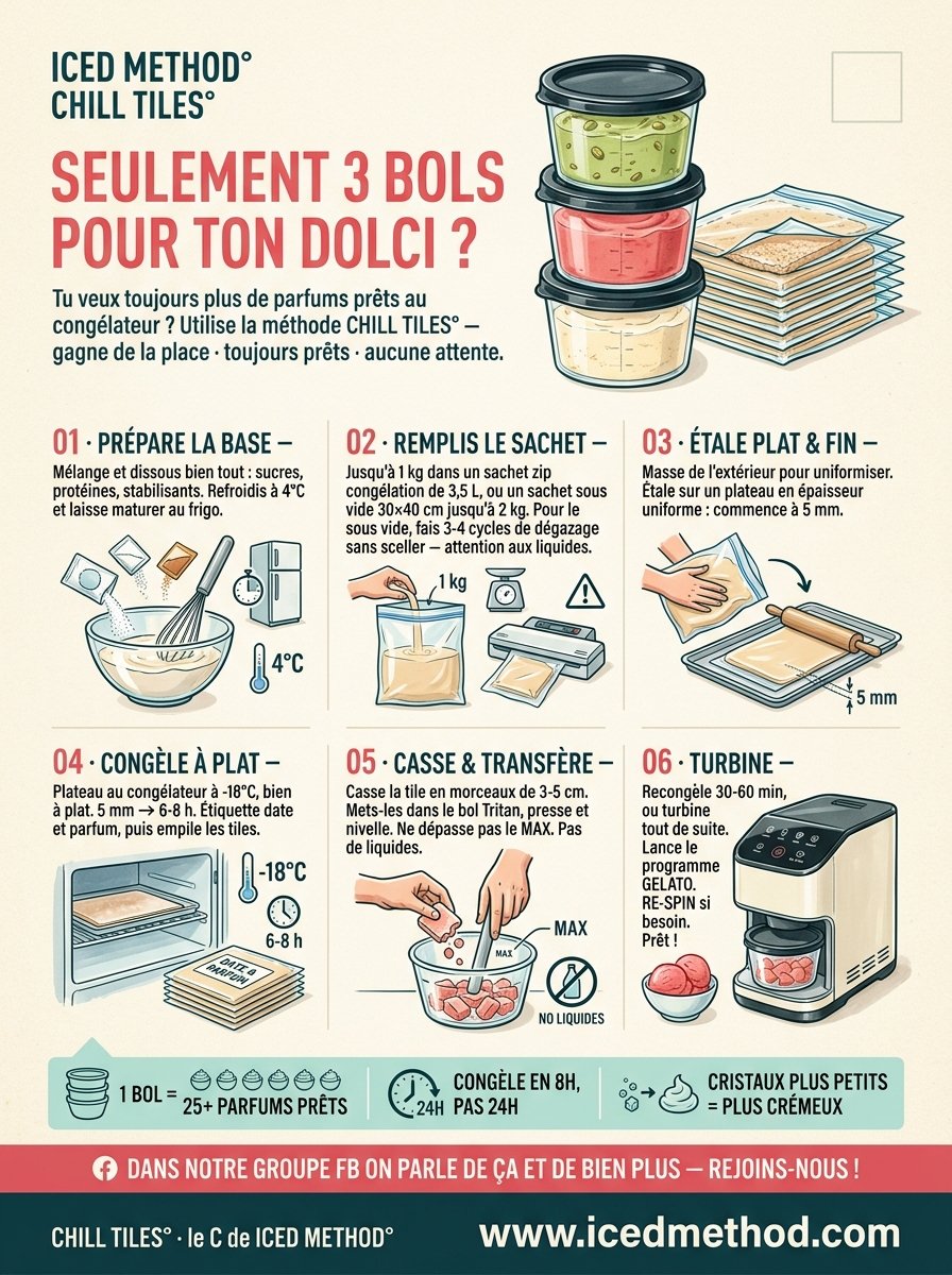 CHILL TILES FR — méthode ICED° pour Moulinex Dolci, Tefal Dolci, Ninja Creami : 6 étapes illustrées
