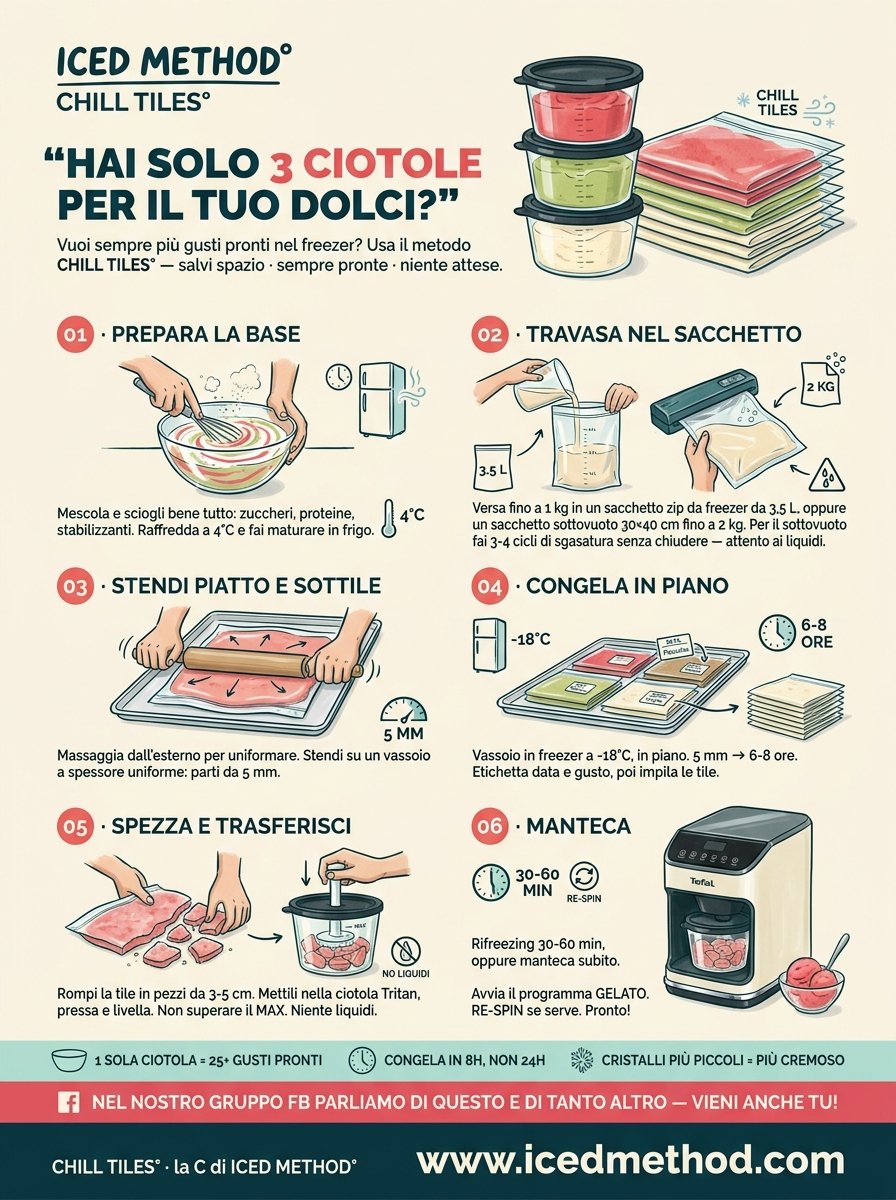 CHILL TILES IT — metodo ICED° per Moulinex Dolci, Tefal Dolci, Ninja Creami: vignetta illustrata in 6 step