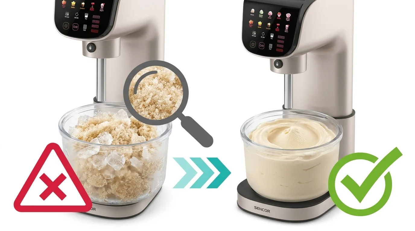 Zrnitá zmrzlina v Sencor Gelateria: před a po opravě Re-Mix — infografika ICED Method