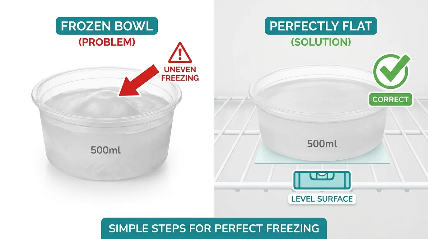 Ledová kopule na zmrazeném základu vs správný rovný povrch — infografika ICED Method
