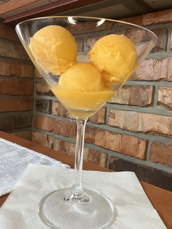 Sorbetto all’arancia in coppa da cocktail davanti a un muro di mattoni